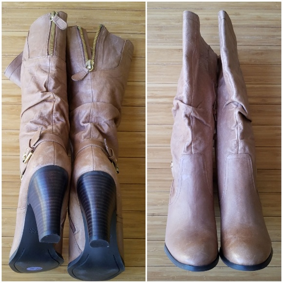 Guess Tan Ruched Leather Stacked Wood Heel Boots boho - Picture 2 of 8